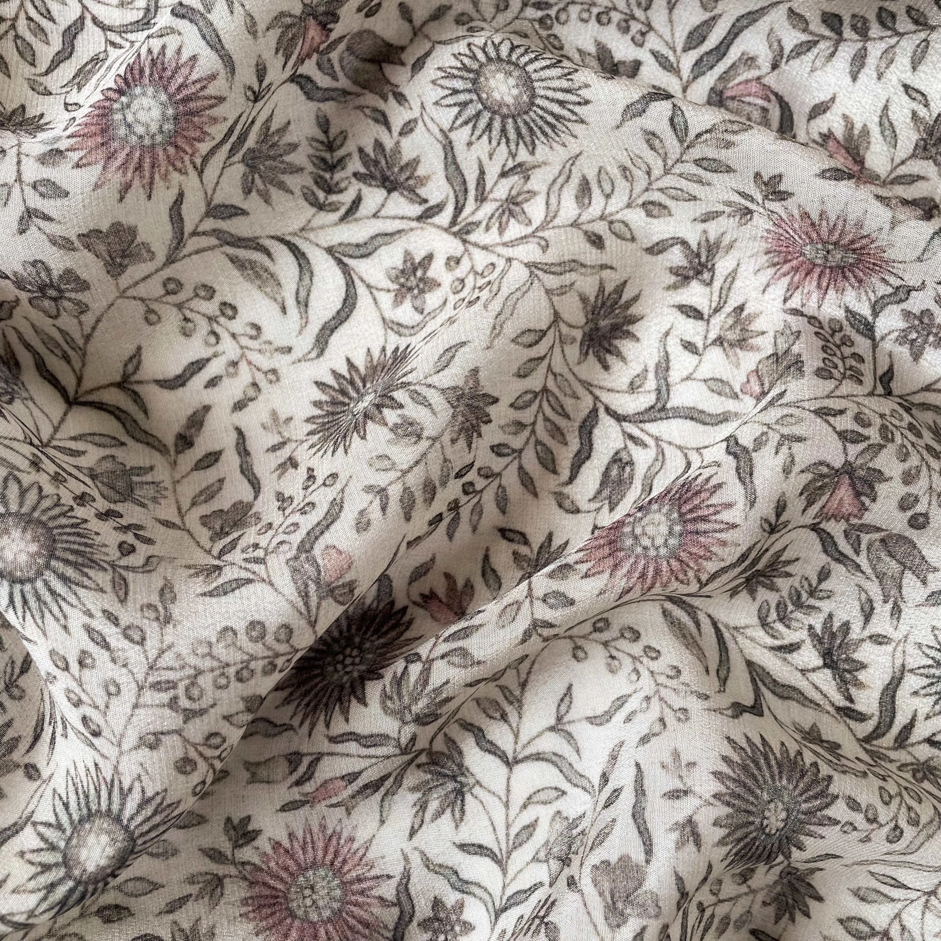 Dusty White & Grey Sunflower Bunch Digital Printed Pure Crepe Fabric (Width 43 Inches)