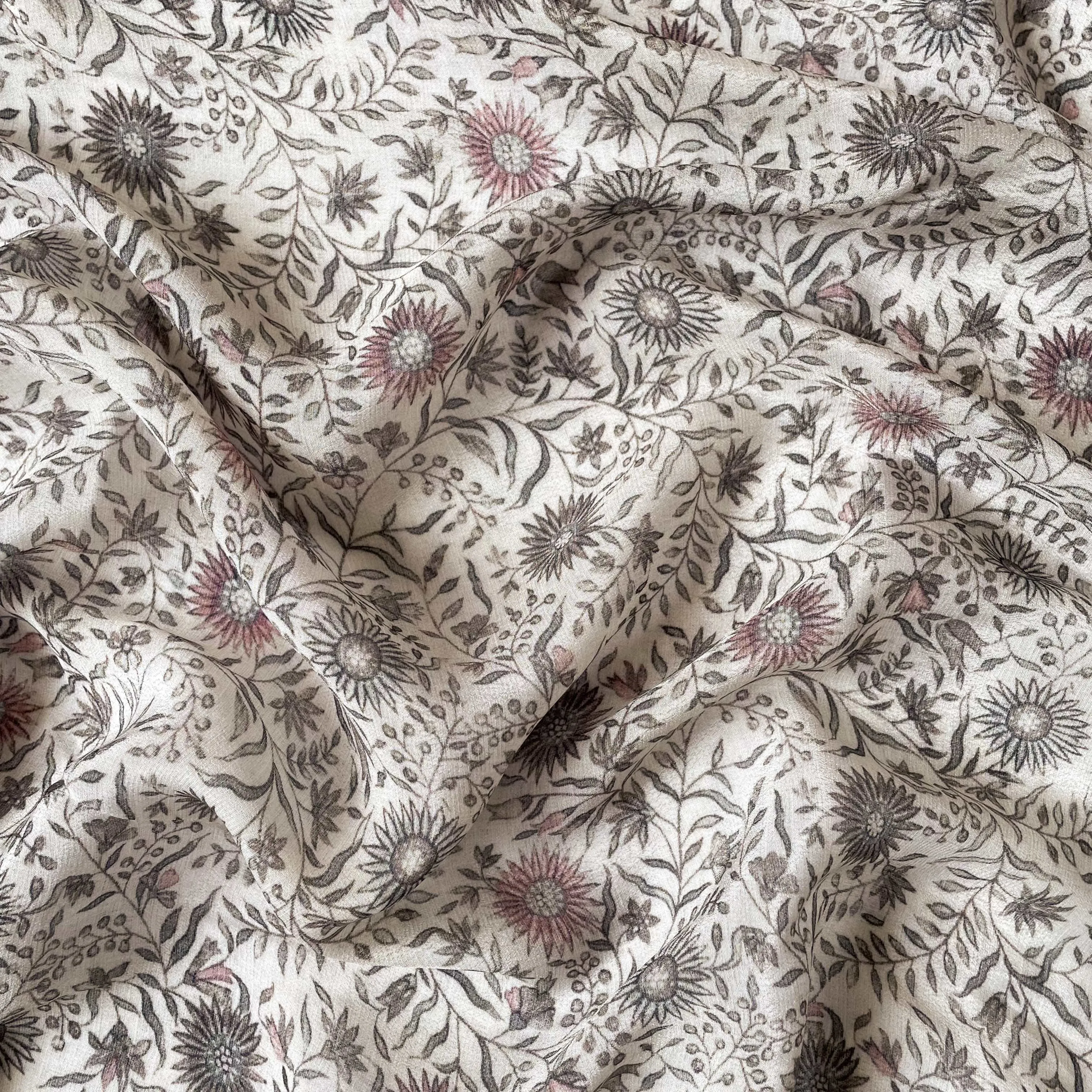 Dusty White & Grey Sunflower Bunch Digital Printed Pure Crepe Fabric (Width 43 Inches)