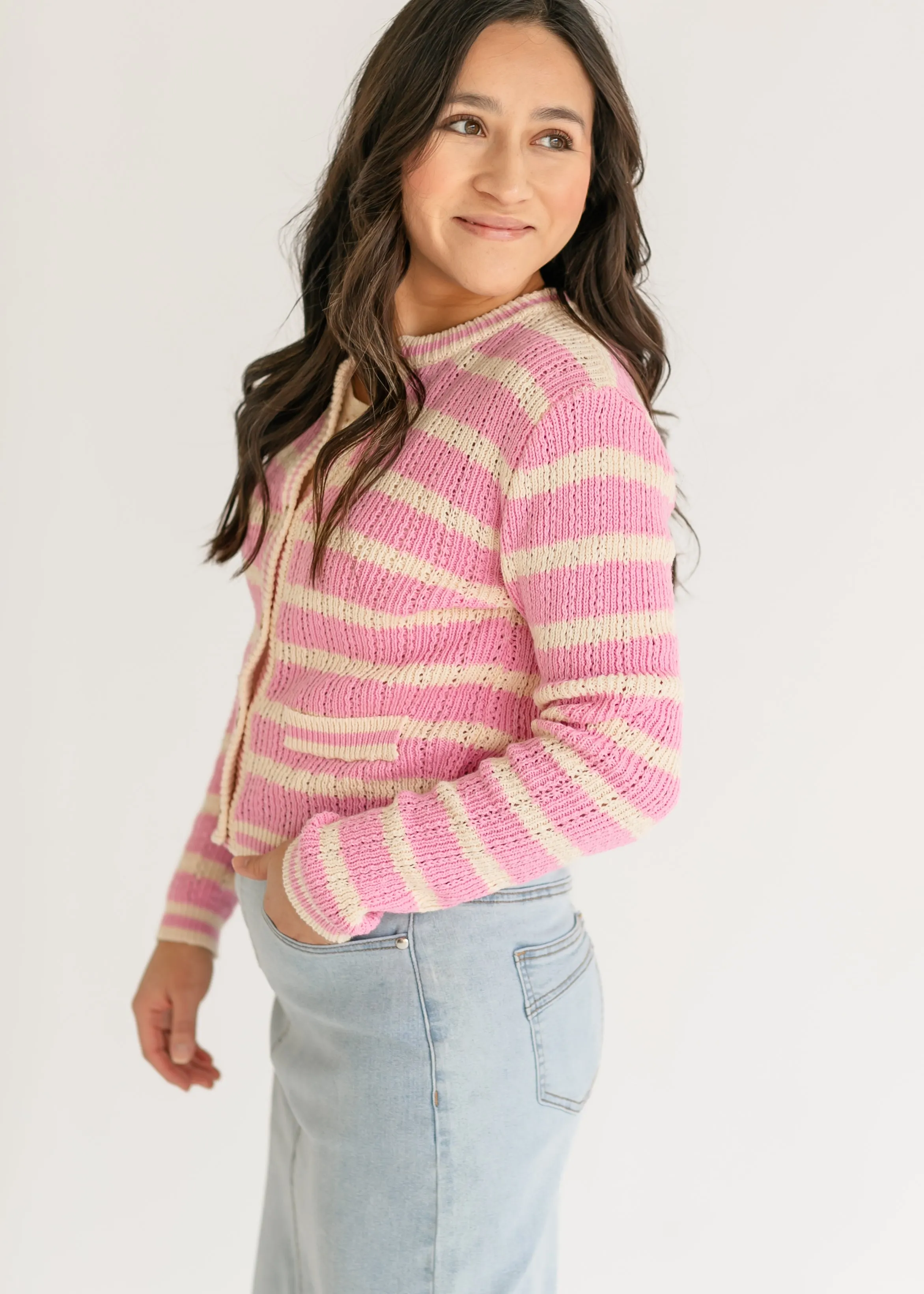 Edolie Pink Striped Button Up Cardigan
