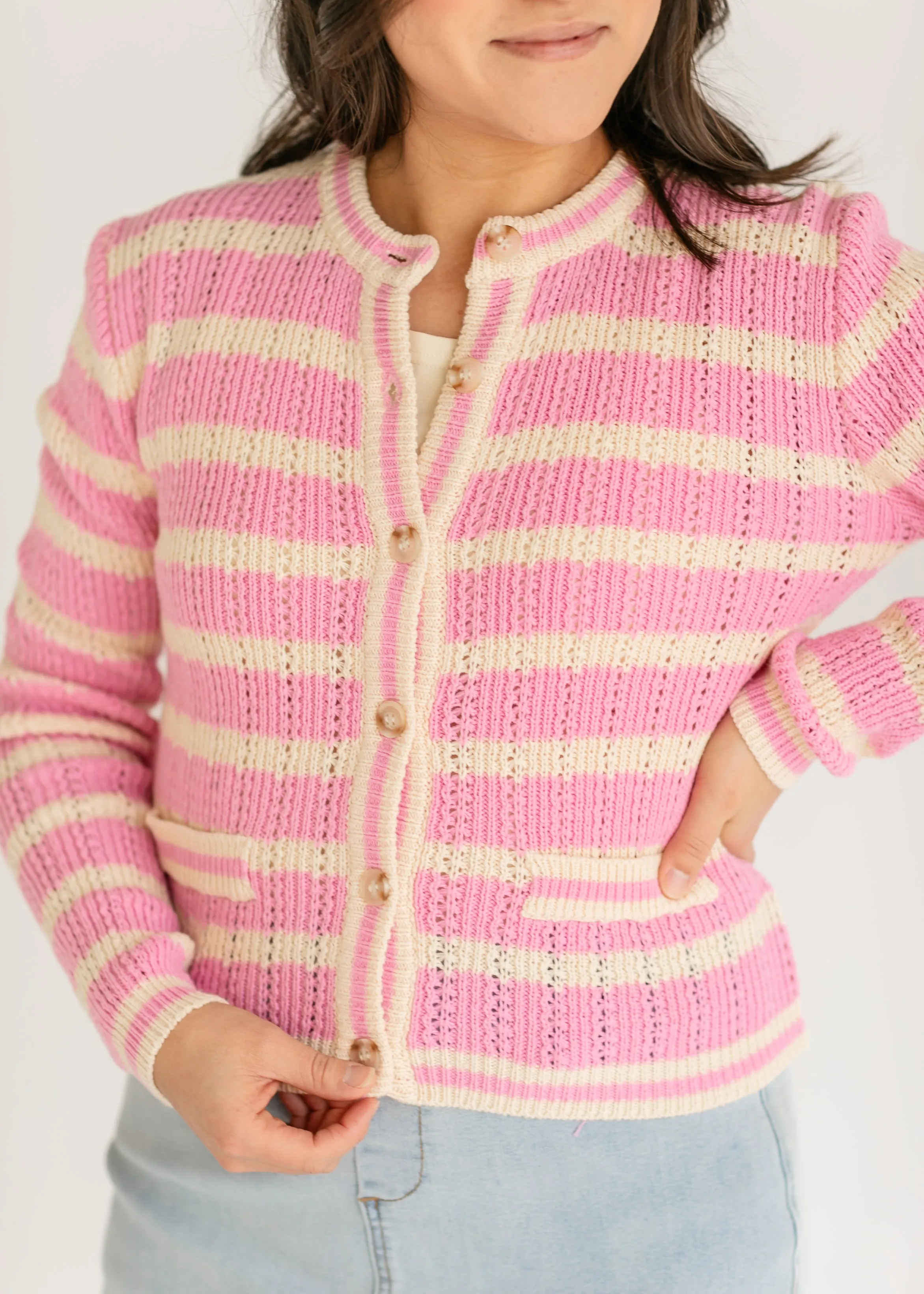 Edolie Pink Striped Button Up Cardigan