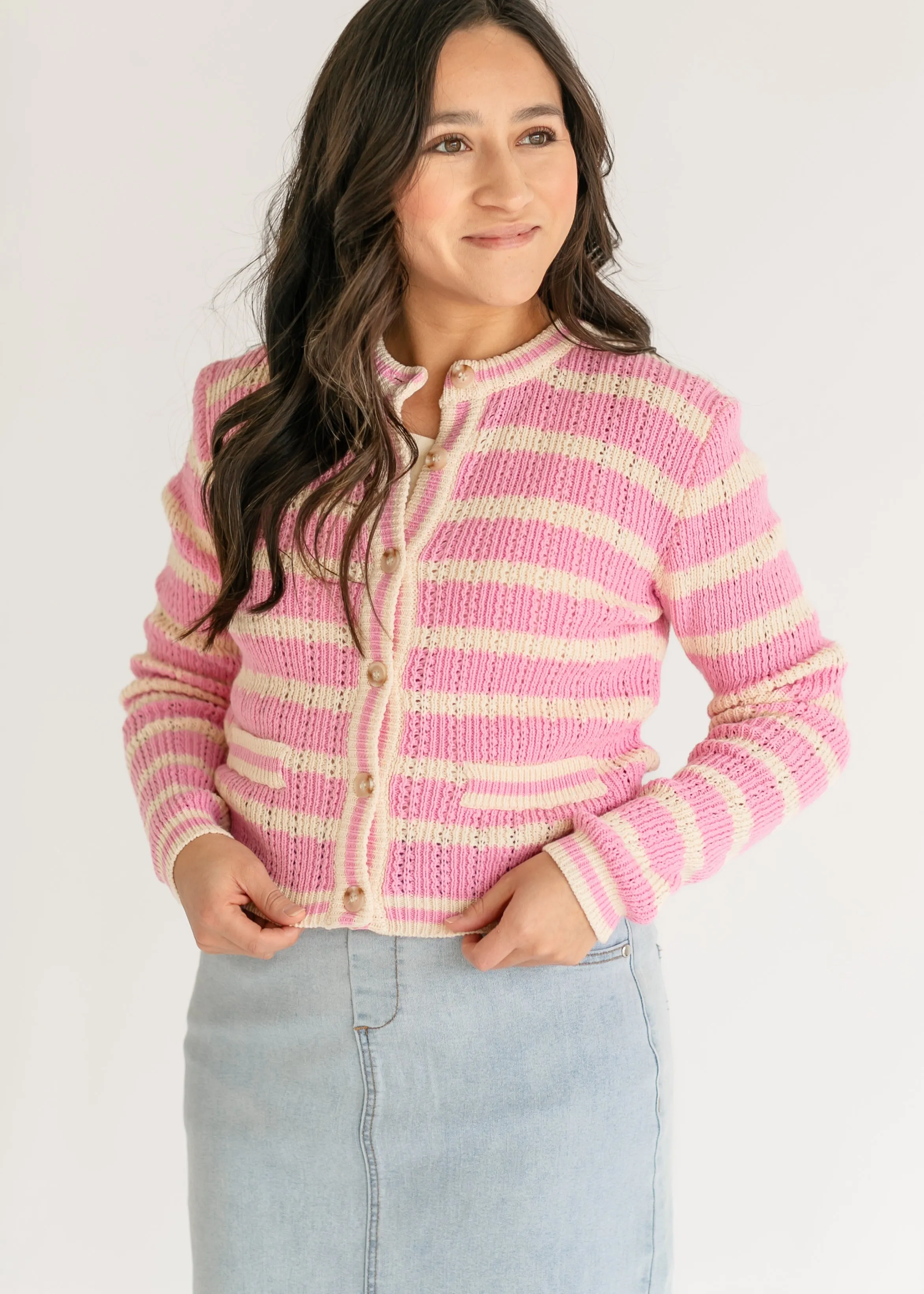 Edolie Pink Striped Button Up Cardigan