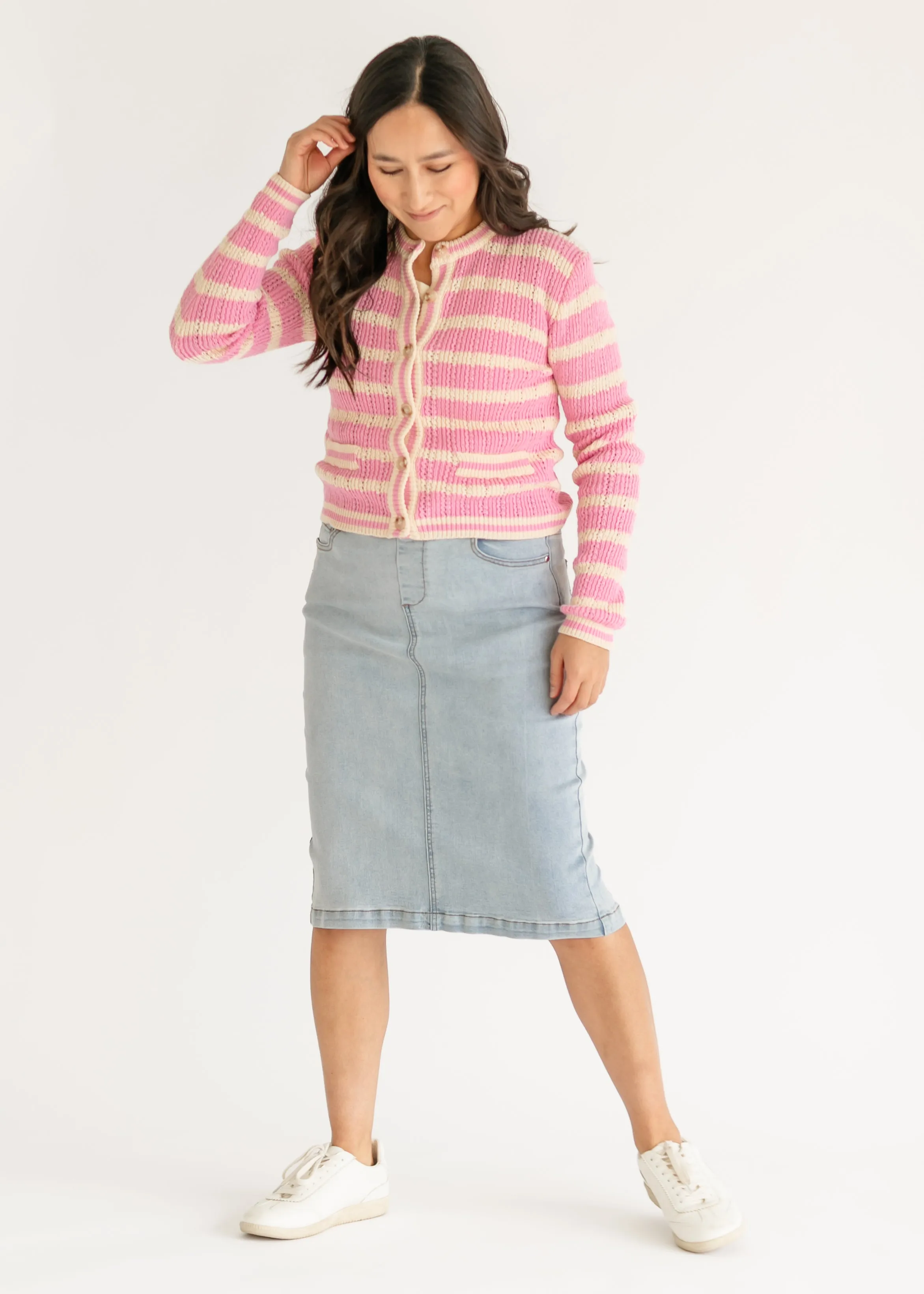 Edolie Pink Striped Button Up Cardigan
