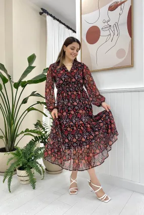 ELS Patterned Chiffon Dress - Black - Florence