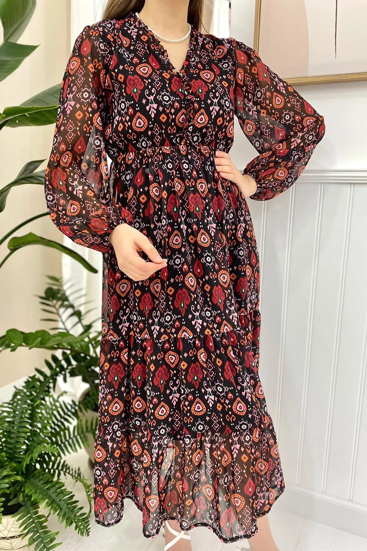 ELS Patterned Chiffon Dress - Black - Florence