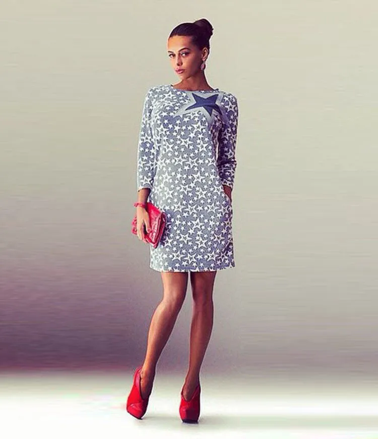 Fashion Star Print Long Sleeve Short Slim Dress