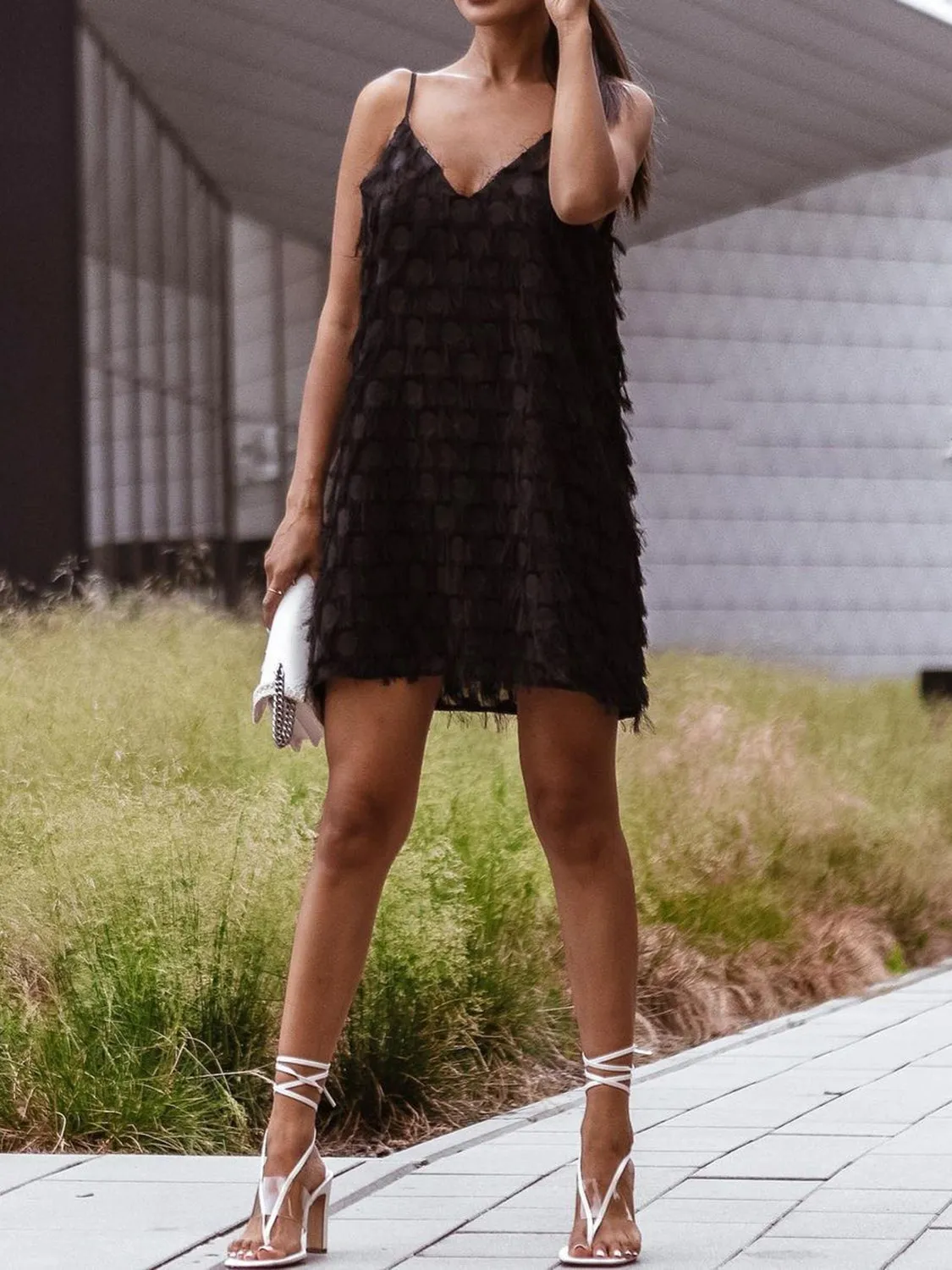 Fringe V-Neck Mini Cami Resort Dress