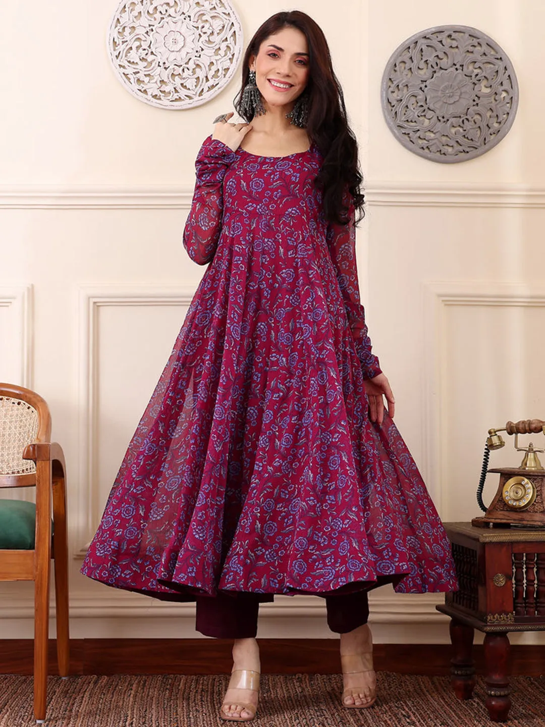 Georgette Floral Printed Maxi Ethnic Gown