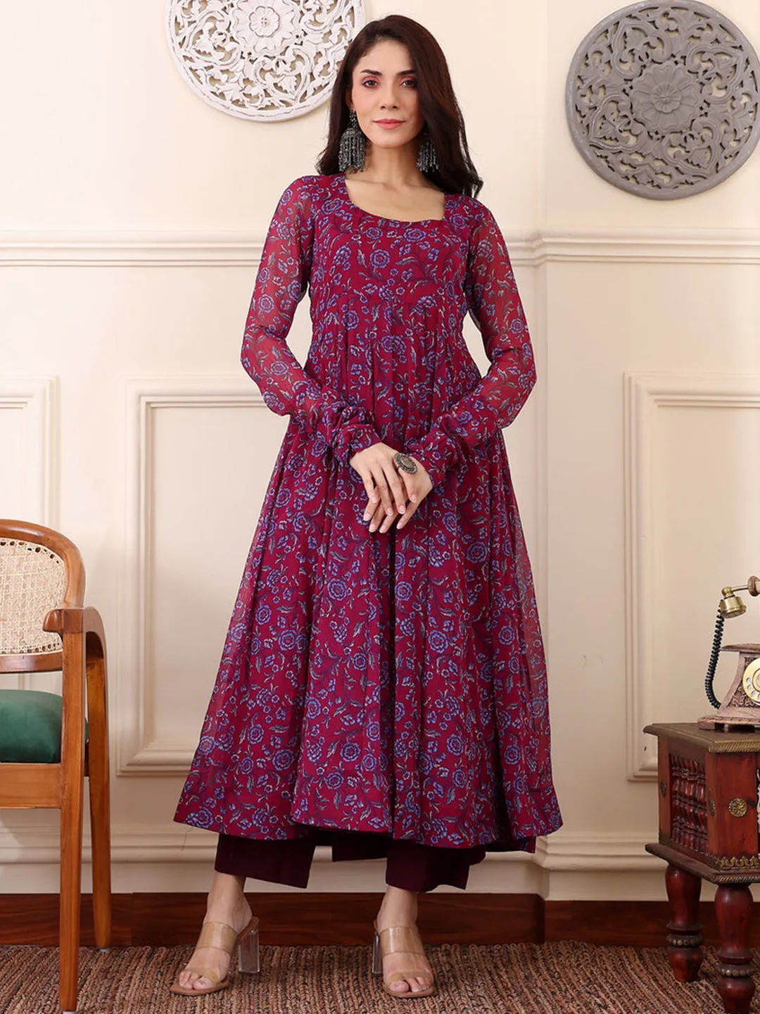 Georgette Floral Printed Maxi Ethnic Gown