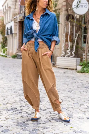 GNS Woman Bronze Elastic Waist Buttoned Mesh Linen Trousers Rsd3038 - Erftstadt