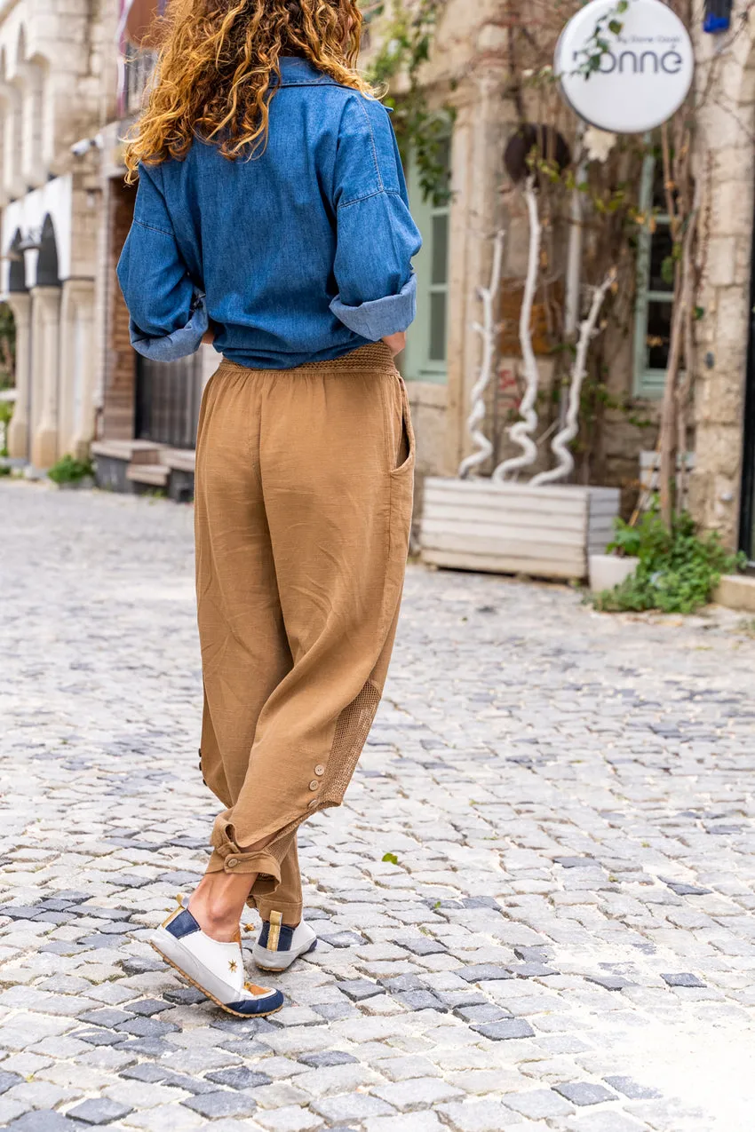 GNS Woman Bronze Elastic Waist Buttoned Mesh Linen Trousers Rsd3038 - Erftstadt