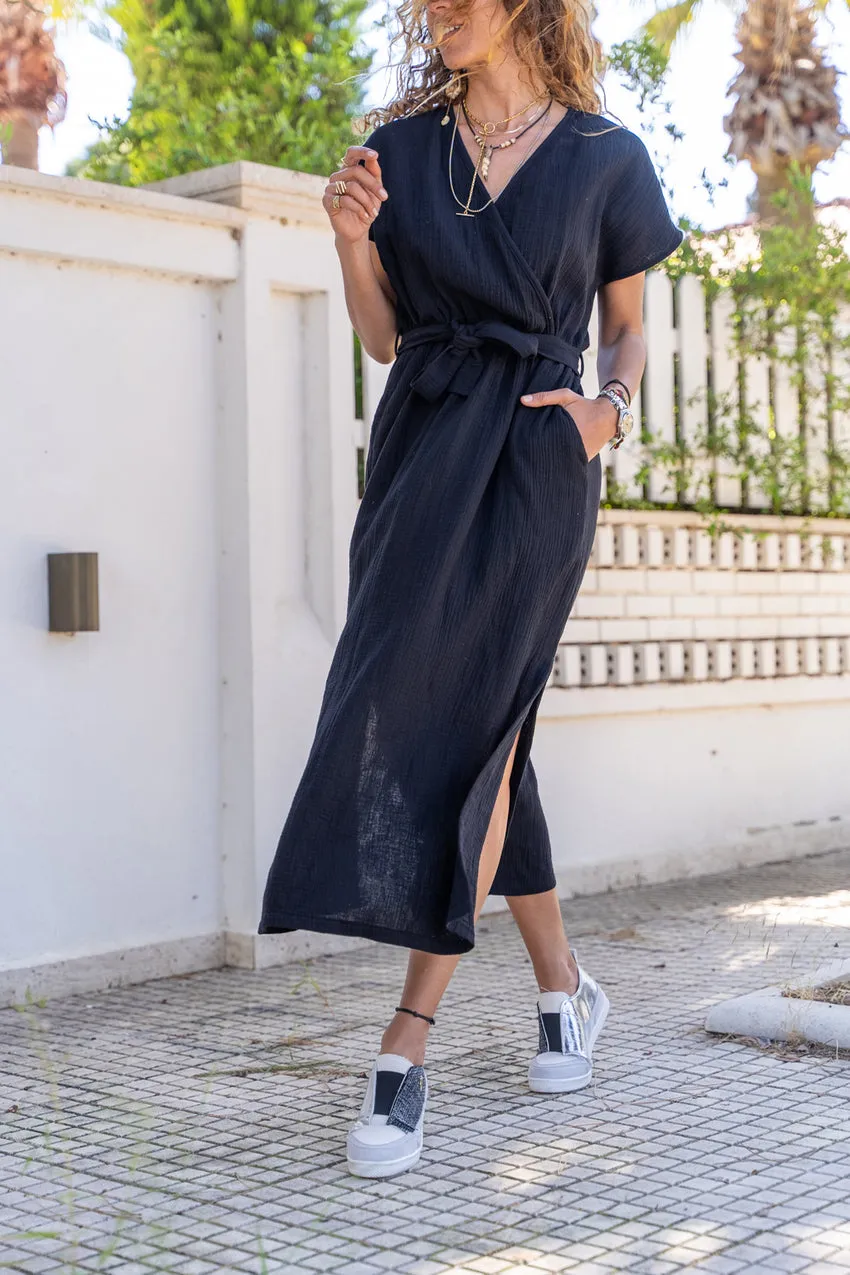 GNS Women's Black Muslin Wrap Dress with Self Belt and Side Slit BST700-3612 - Tepatitlán de Morelos