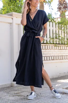 GNS Women's Black Muslin Wrap Dress with Self Belt and Side Slit BST700-3612 - Tepatitlán de Morelos