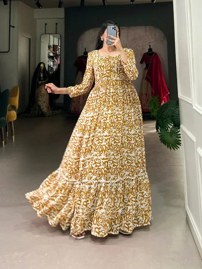 Gold White Georgette Printed Flair Gown 1PC