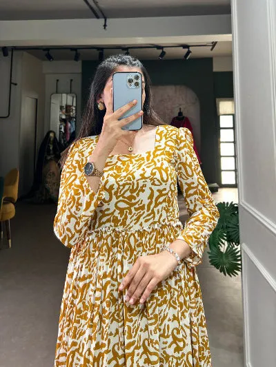 Gold White Georgette Printed Flair Gown 1PC