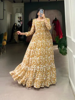 Gold White Georgette Printed Flair Gown 1PC