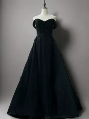 Gothic Black Sequin Ball Gown - Off-Shoulder Bridal Gown with Corset Plus Size