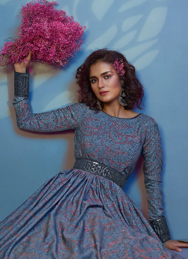 Grey Digital Printed Sequence Work Crepe Stylist Anarkali Gown