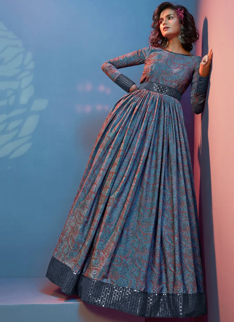 Grey Digital Printed Sequence Work Crepe Stylist Anarkali Gown