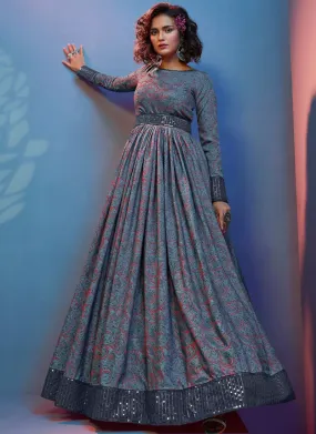 Grey Digital Printed Sequence Work Crepe Stylist Anarkali Gown