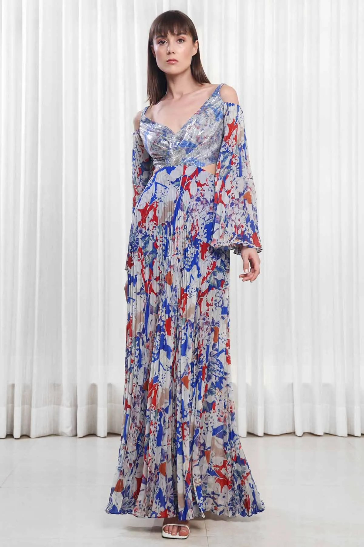 Heat Pleated Printed Yoke Gown