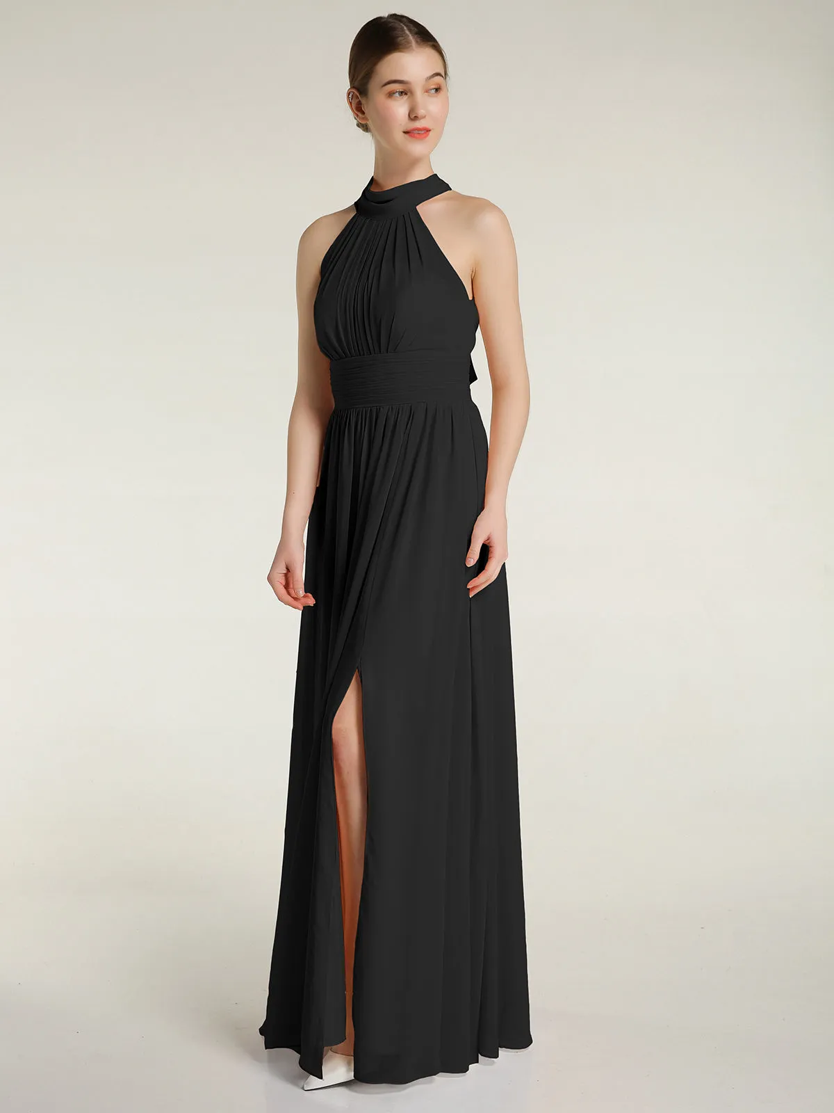 High Neck Full Length Dresses with Slit Black Plus Size