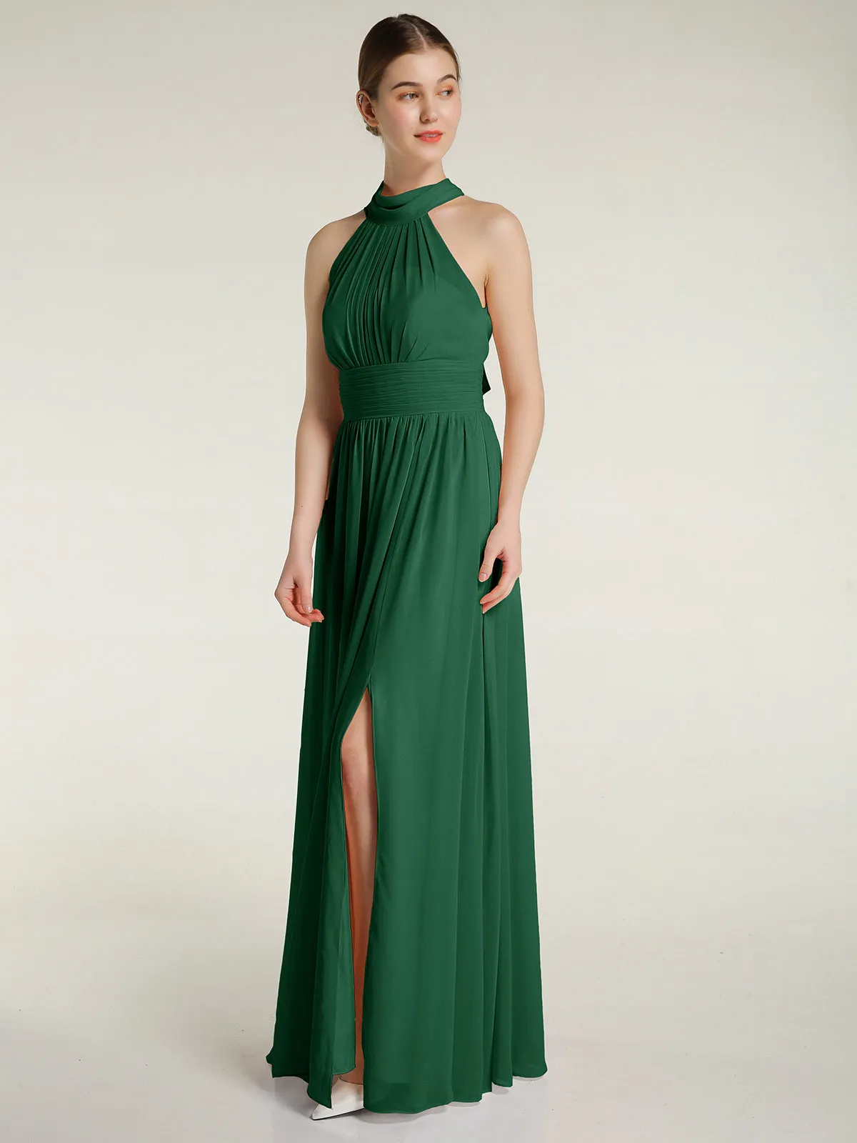 High Neck Full Length Dresses with Slit Dark Green
