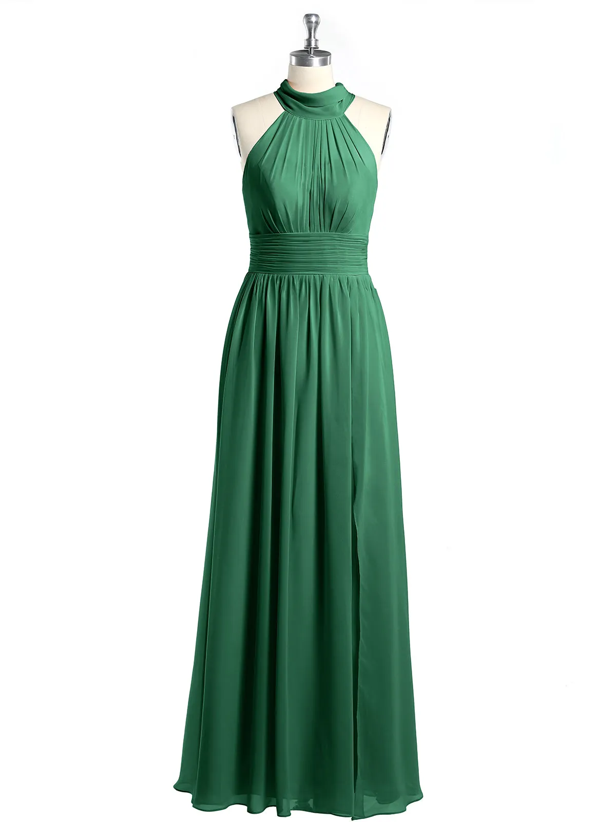 High Neck Full Length Dresses with Slit Dark Green