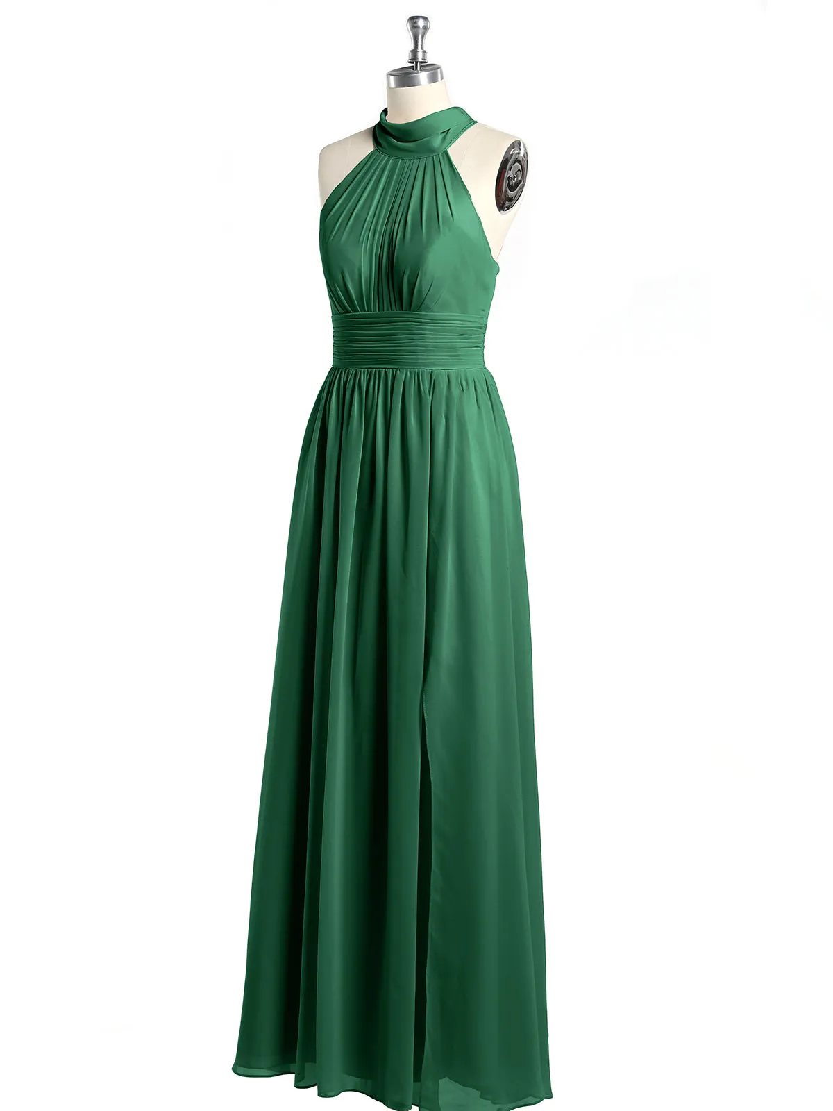 High Neck Full Length Dresses with Slit Dark Green