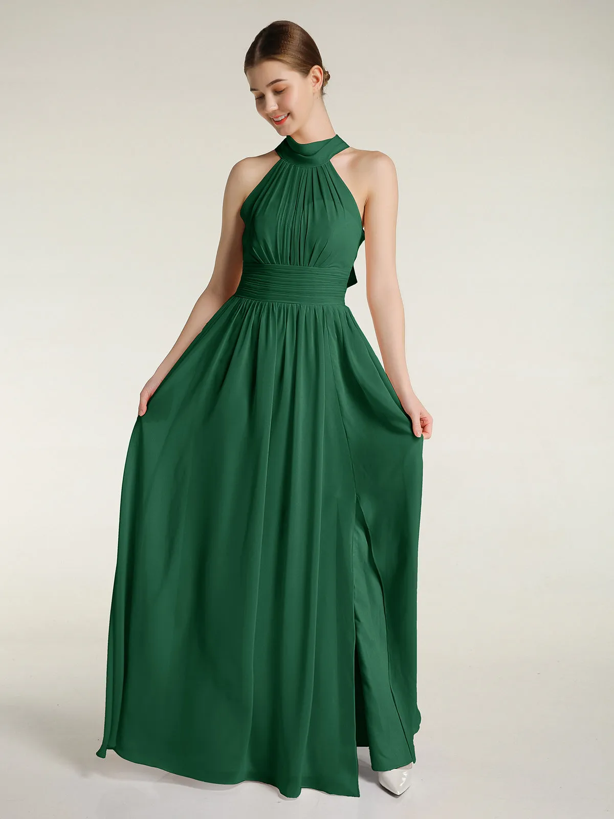 High Neck Full Length Dresses with Slit Dark Green