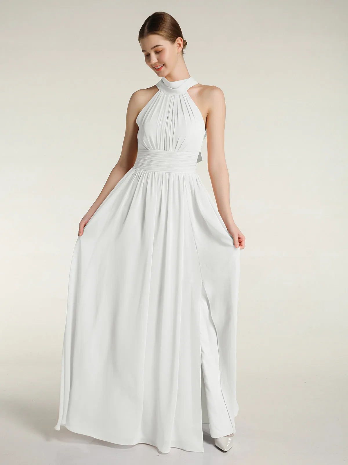 High Neck Full Length Dresses with Slit Ivory