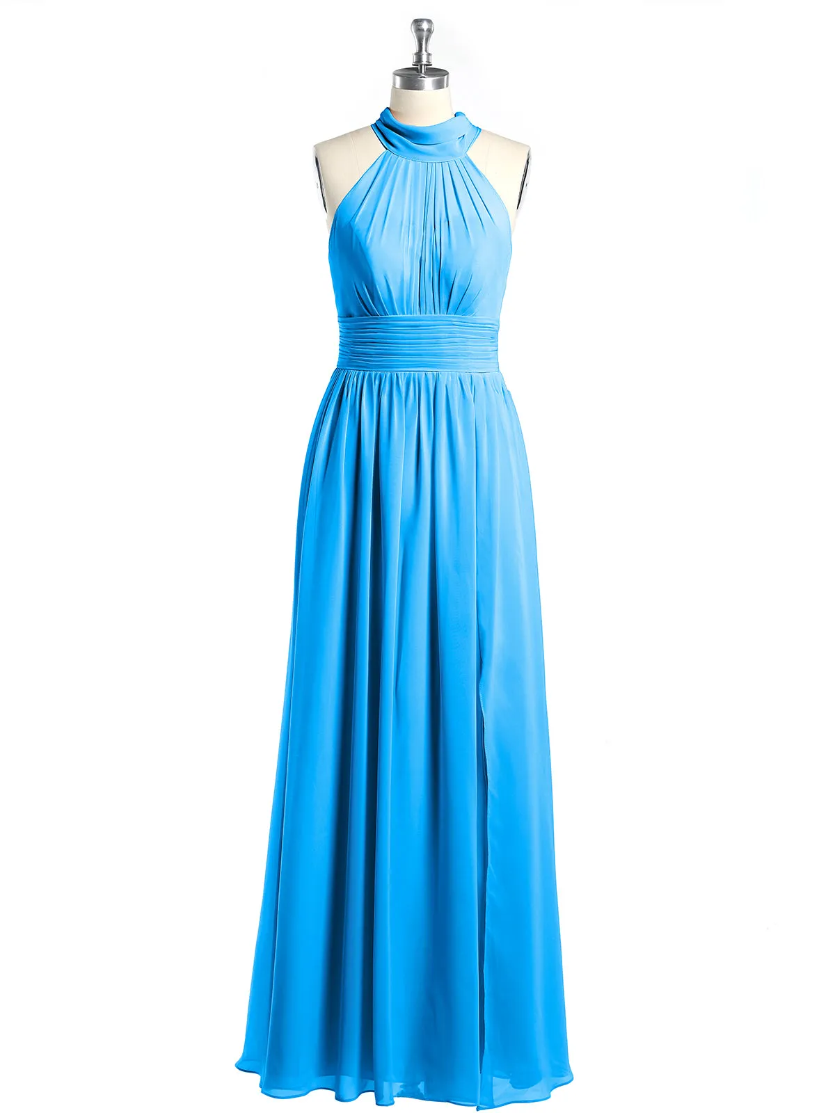 High Neck Full Length Dresses with Slit Ocean Blue Plus Size
