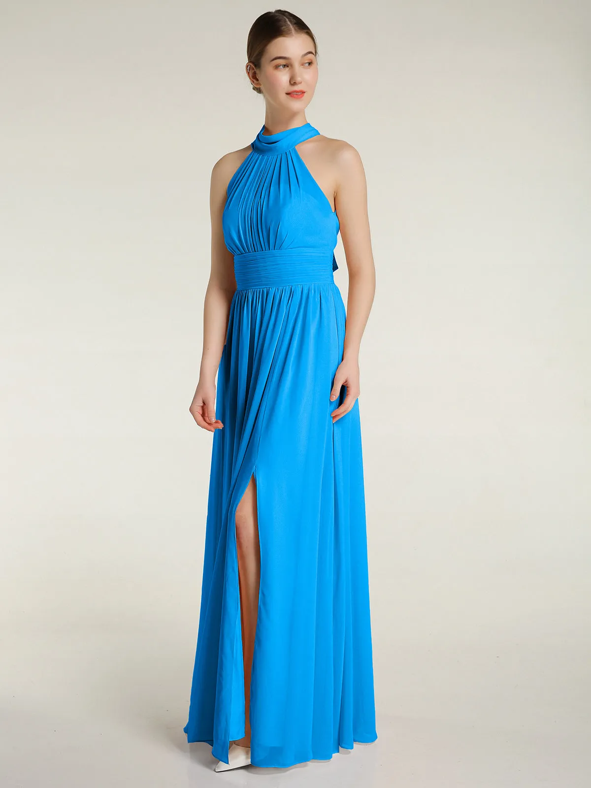 High Neck Full Length Dresses with Slit Ocean Blue Plus Size