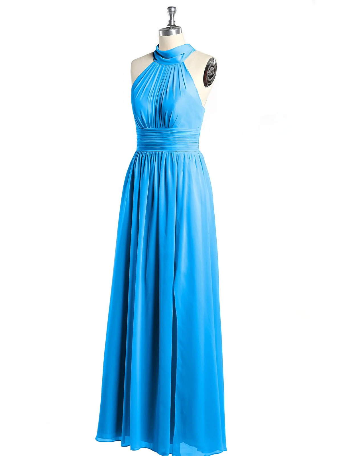 High Neck Full Length Dresses with Slit Ocean Blue Plus Size