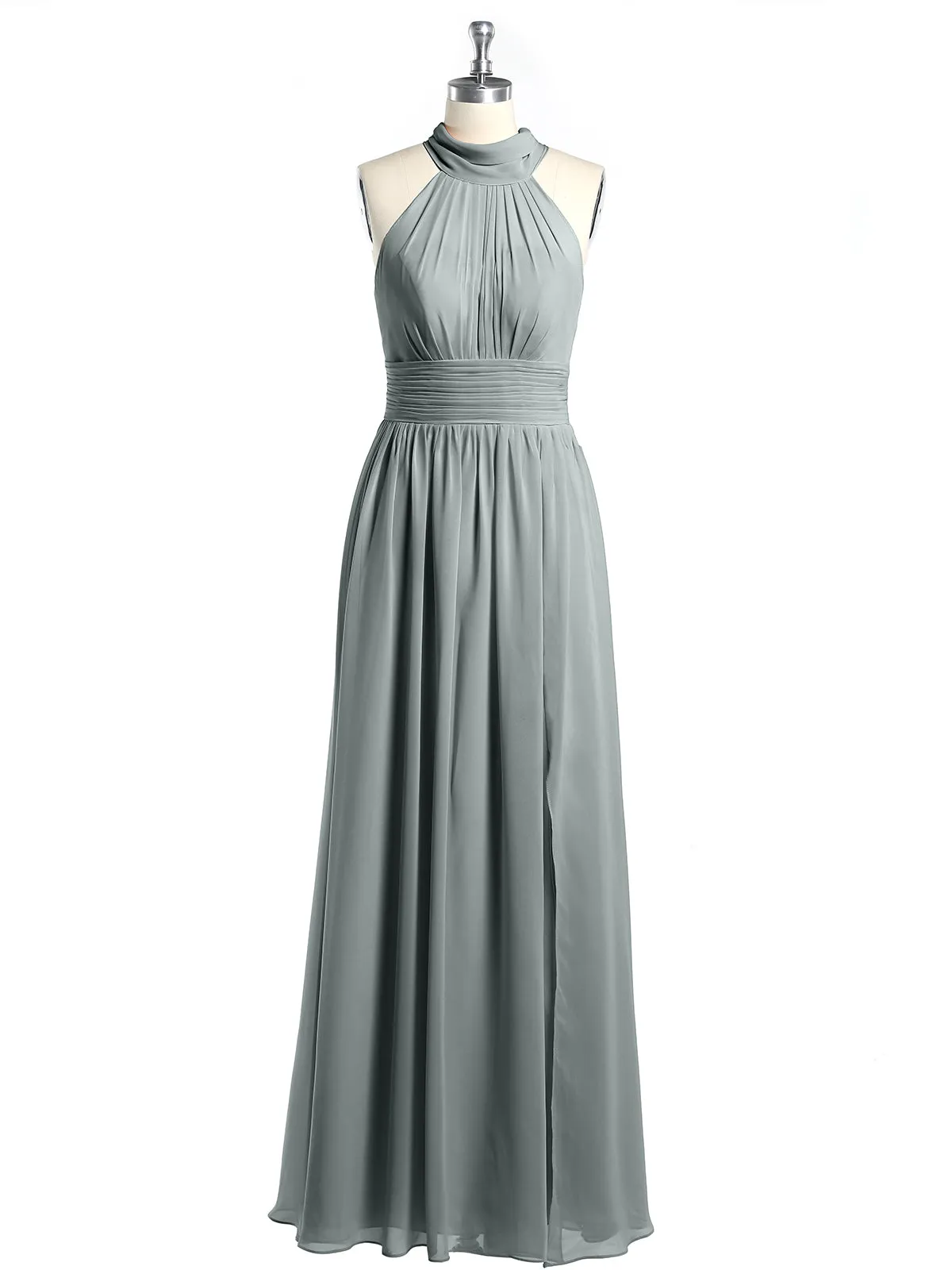 High Neck Full Length Dresses with Slit Steel Grey