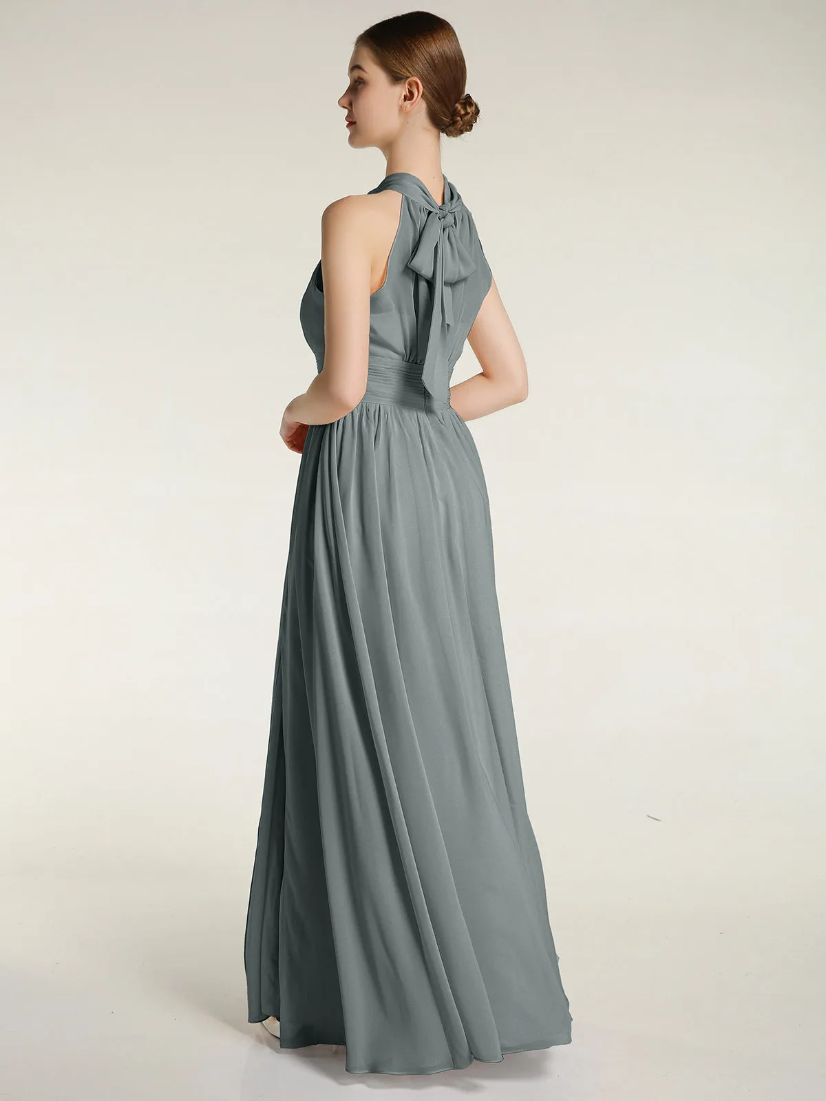 High Neck Full Length Dresses with Slit Steel Grey