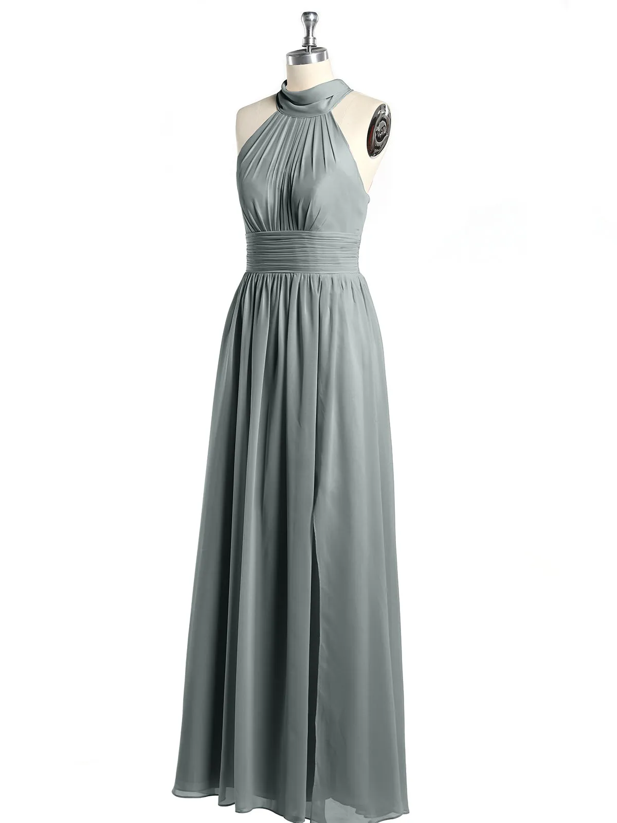 High Neck Full Length Dresses with Slit Steel Grey