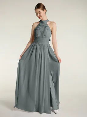 High Neck Full Length Dresses with Slit Steel Grey