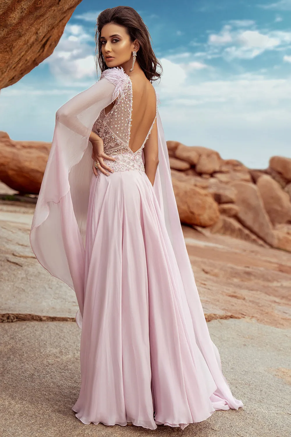 High Slit Gown Pink Embroidered