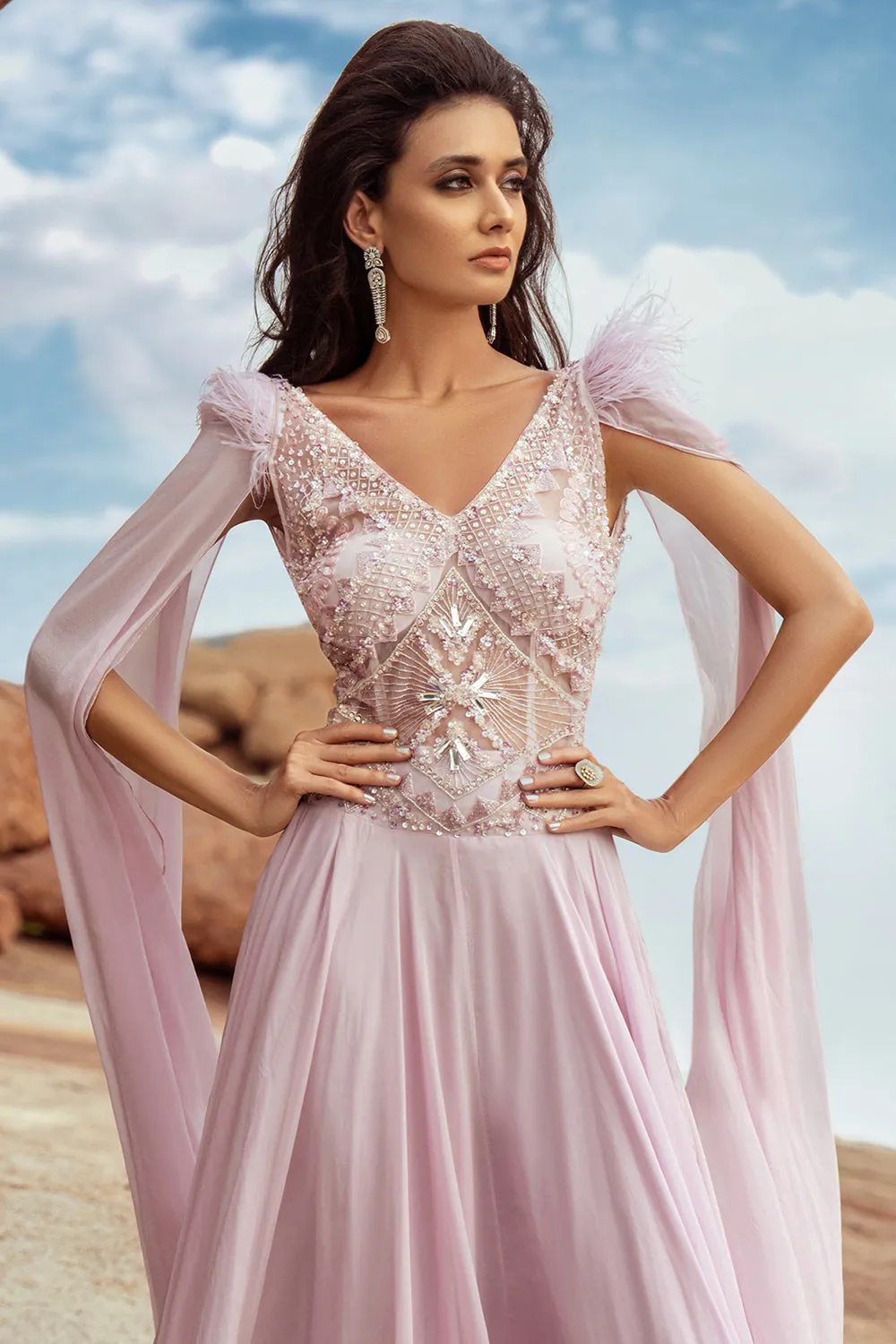 High Slit Gown Pink Embroidered