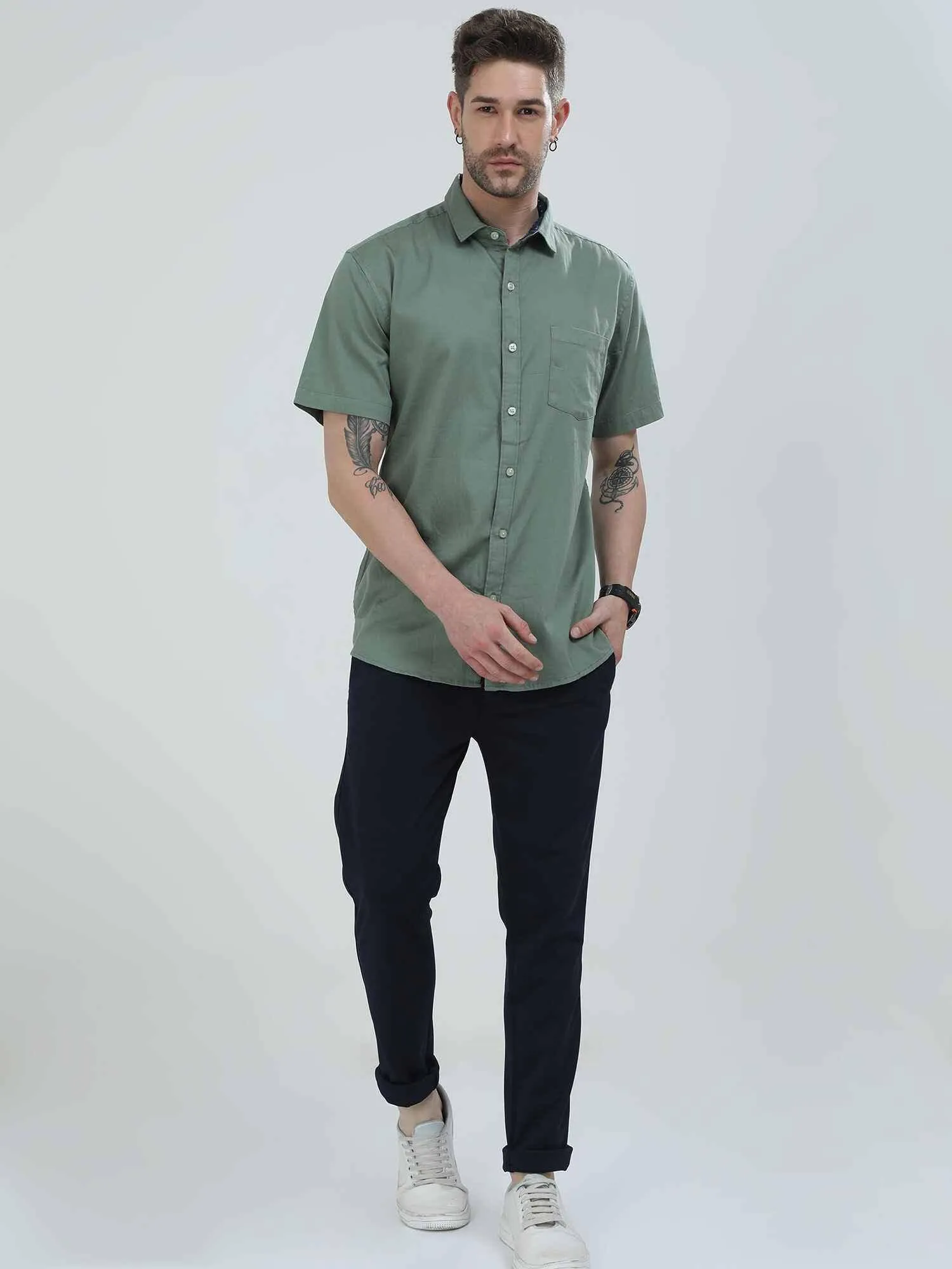 Hunter Green Solid Half Sleeve Shirt
