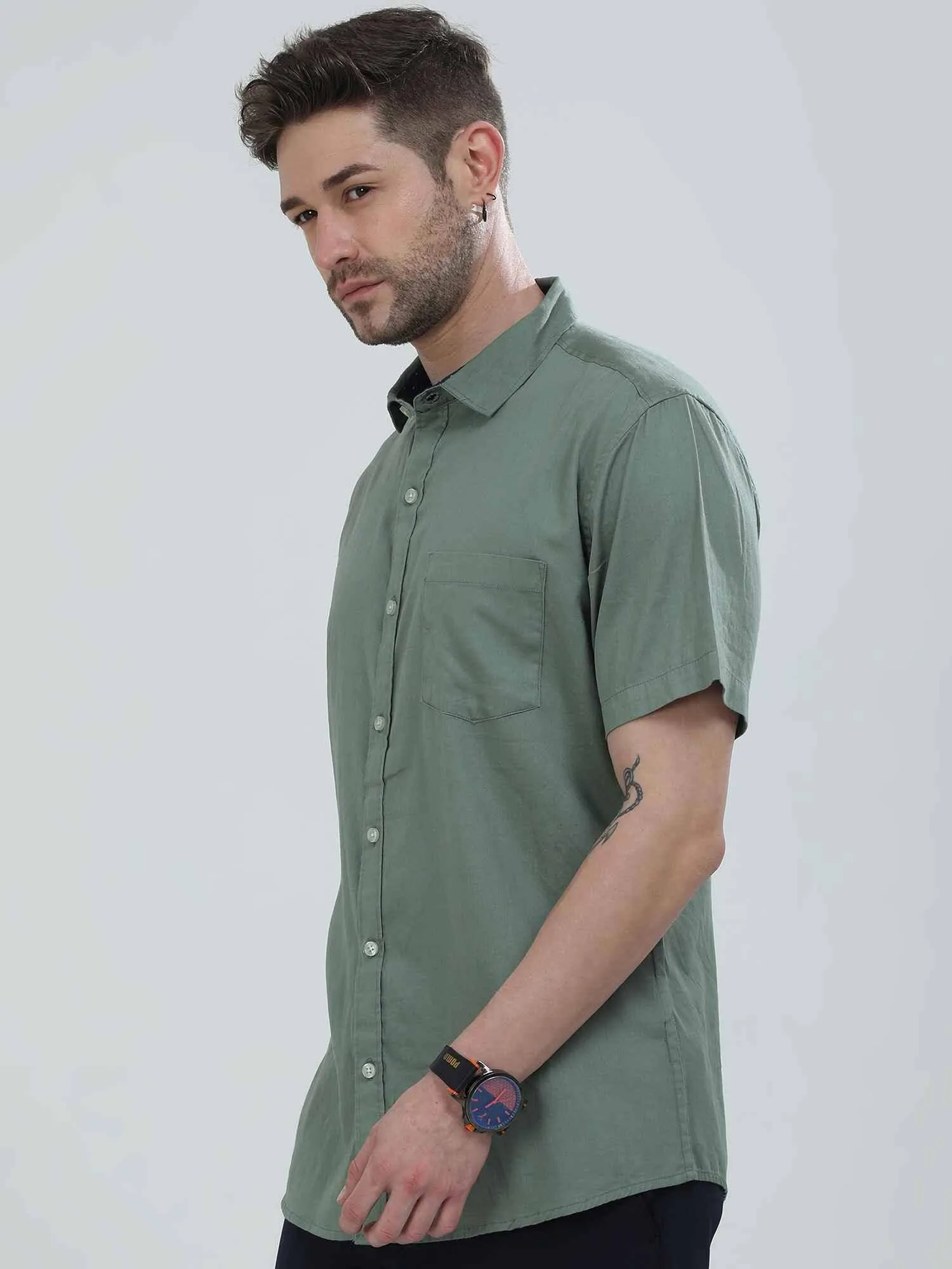 Hunter Green Solid Half Sleeve Shirt