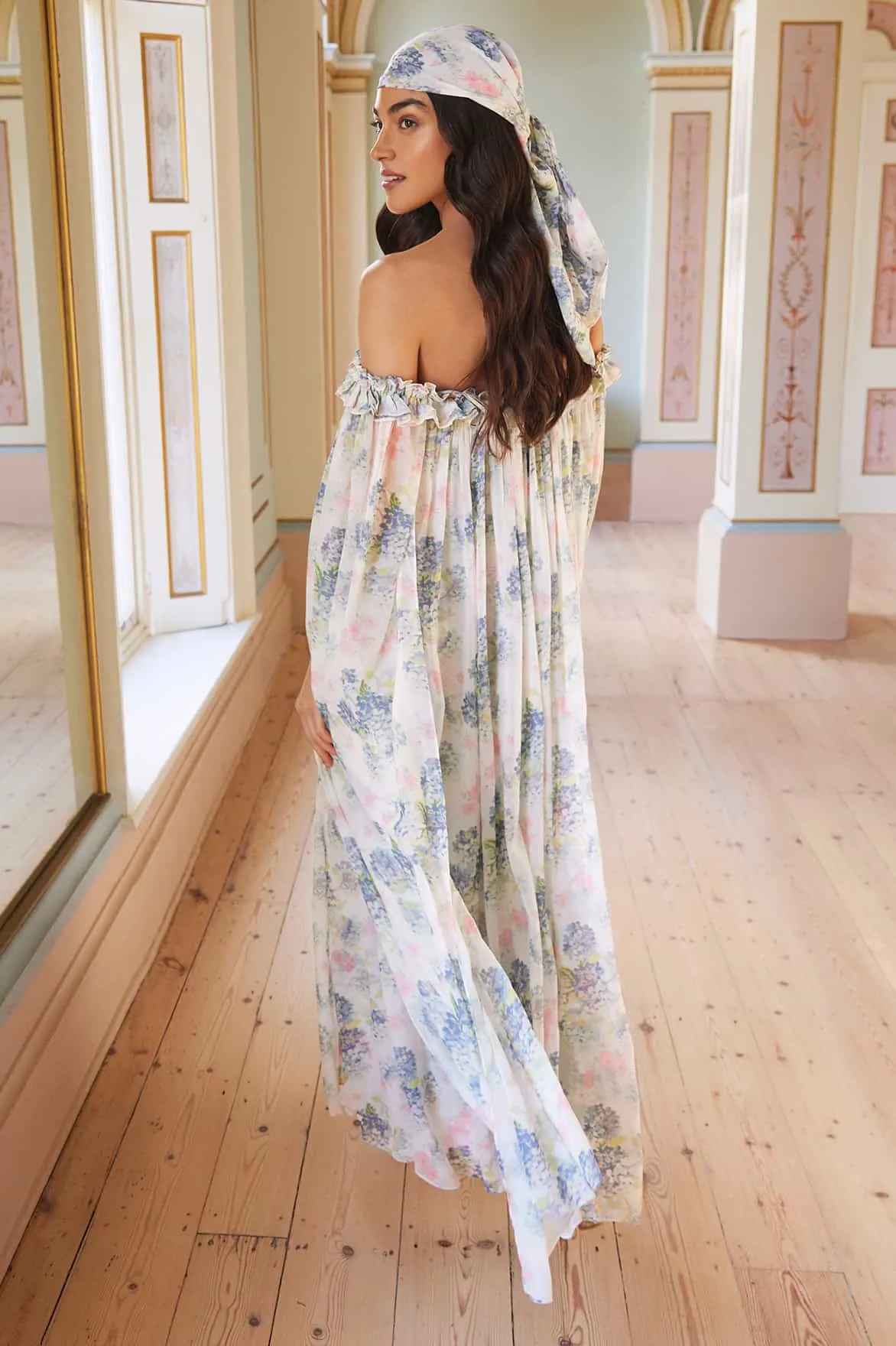 Hydrangea Chiffon Off-Shoulder Ankle Gown