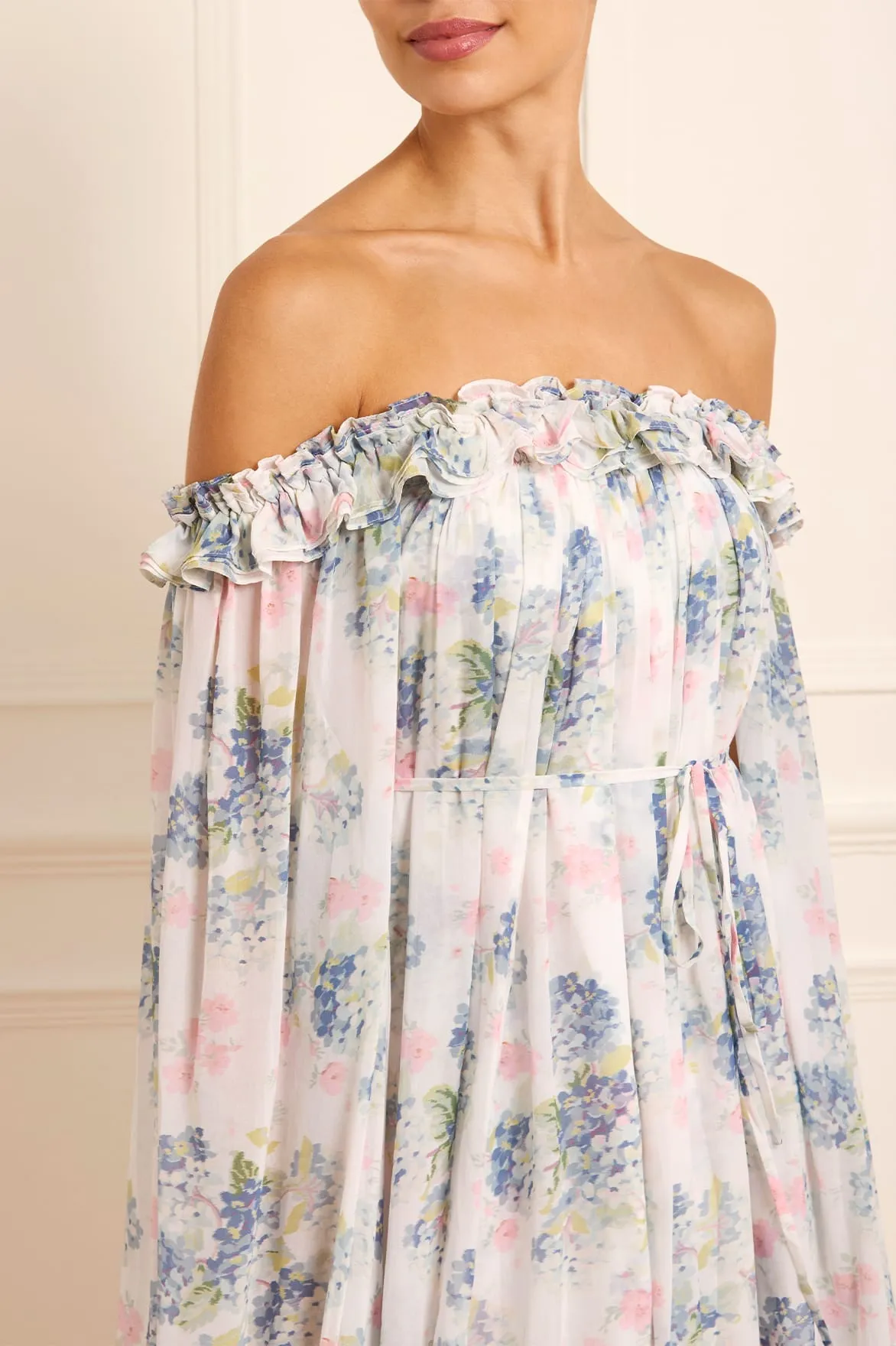 Hydrangea Chiffon Off-Shoulder Ankle Gown