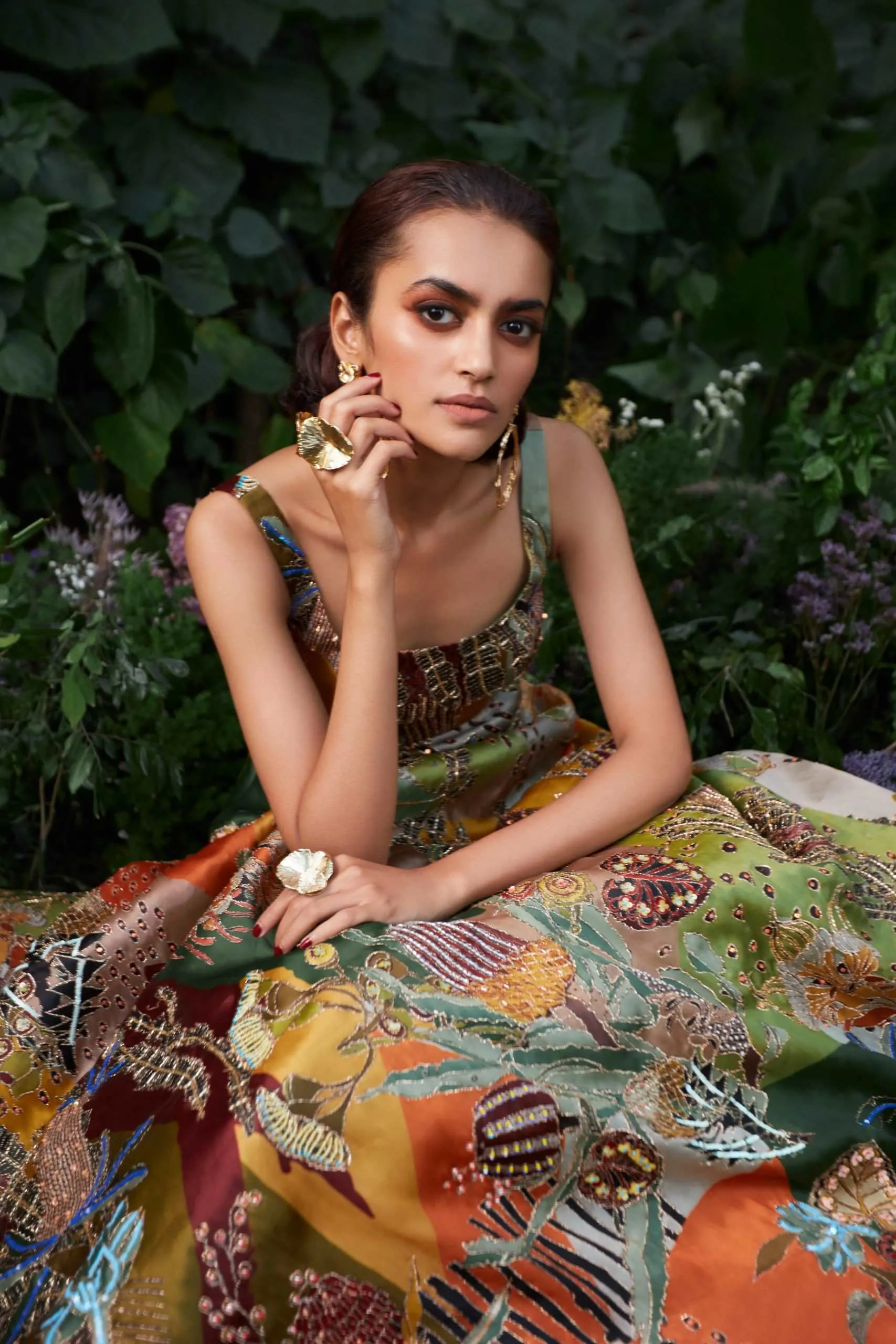 Ivory Pastiche printed and embellished gown
