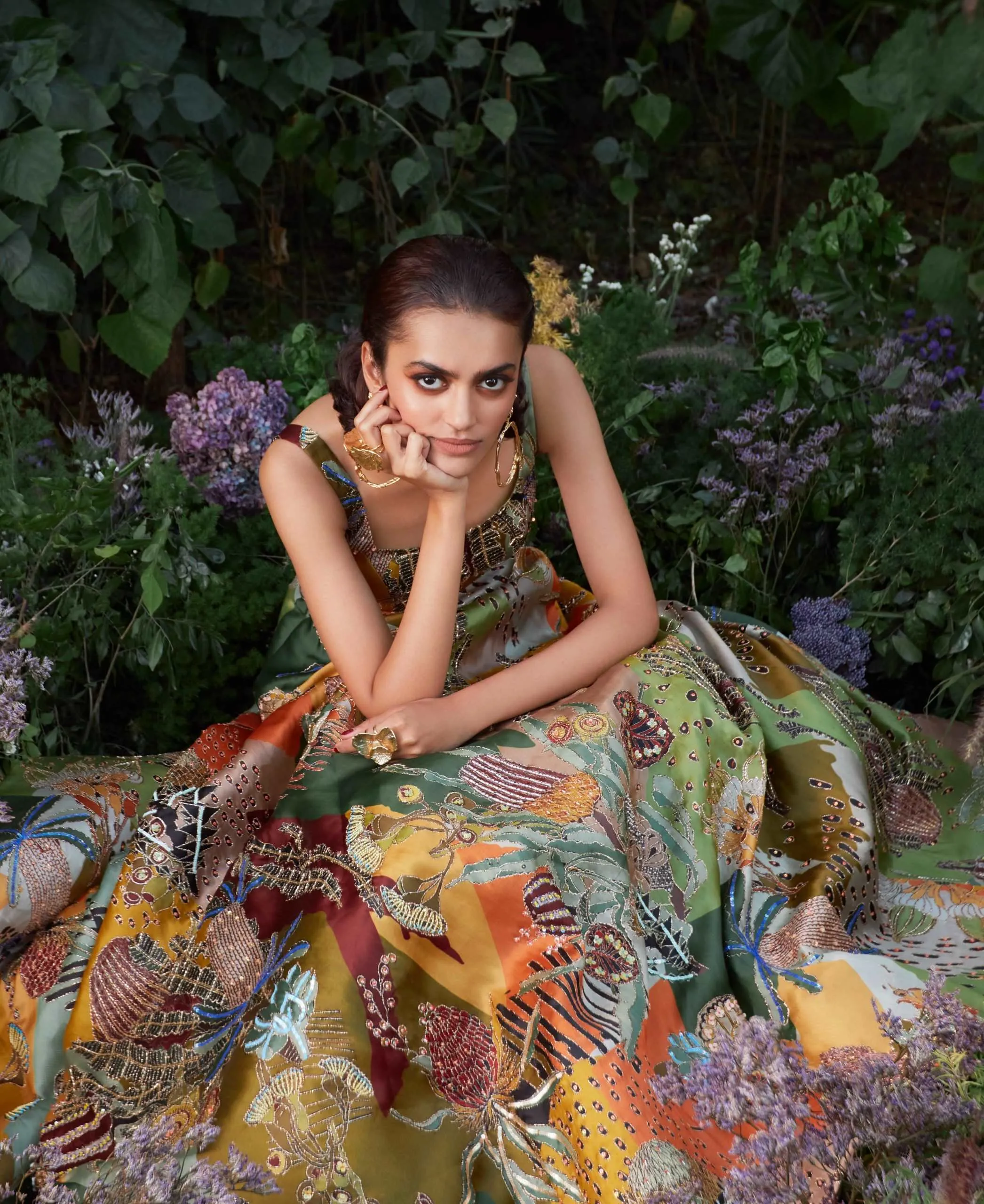 Ivory Pastiche printed and embellished gown