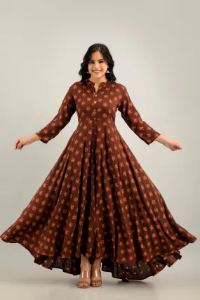 Jaipurite Long Flared Printed Kurta in Brown