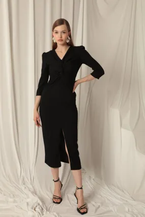 KKT Atlas Crepe Fabric Front Twist Detail Women's Black Dress - Caerphilly