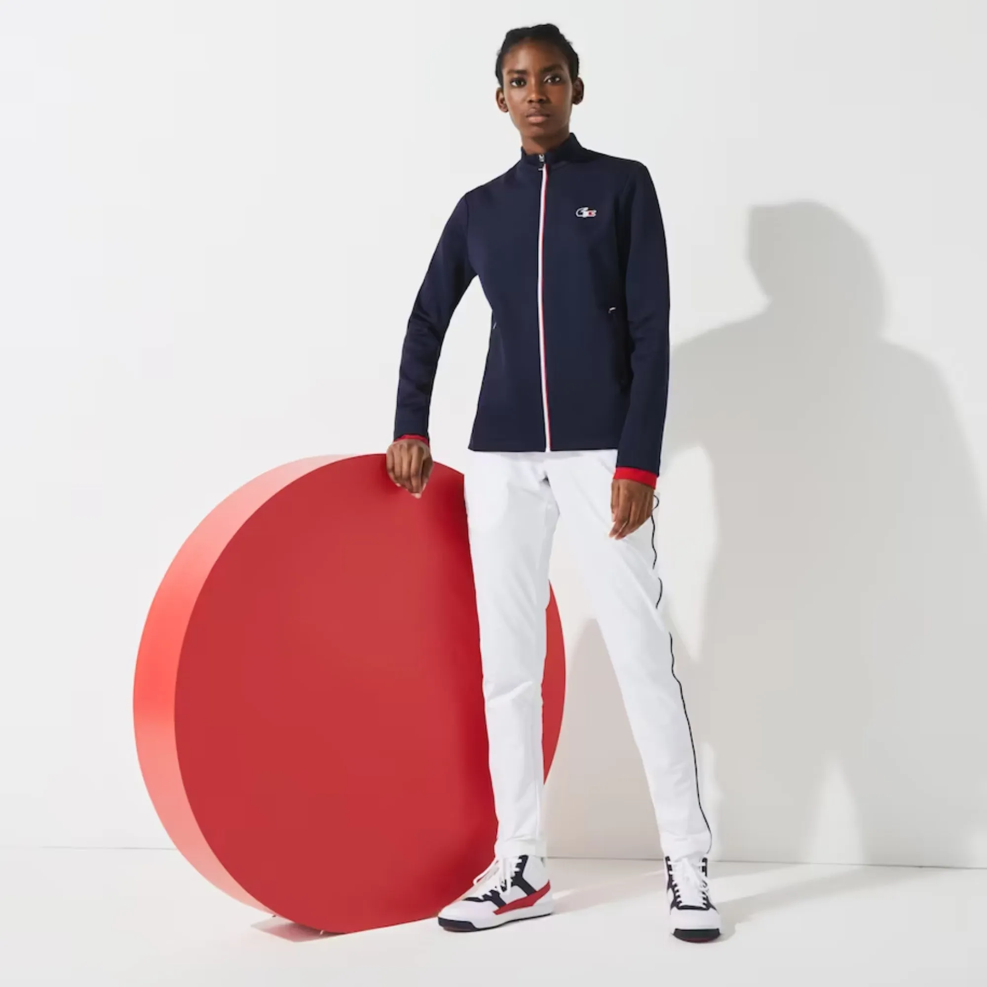 Lacoste Women'S Sport French Sporting Spirit Edition Bimaterial Zip Jacket -  Navy Blue/White-Red
