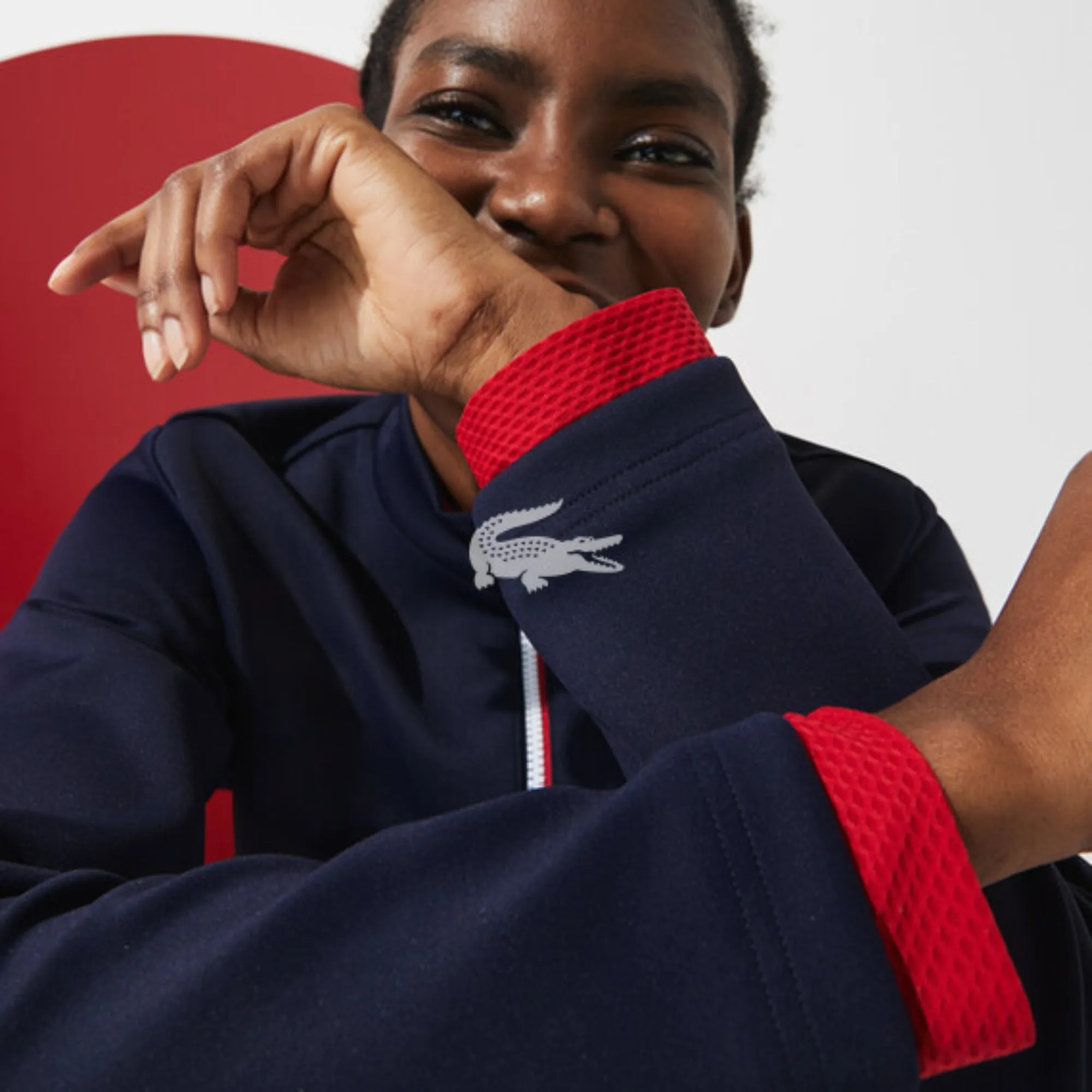 Lacoste Women'S Sport French Sporting Spirit Edition Bimaterial Zip Jacket -  Navy Blue/White-Red