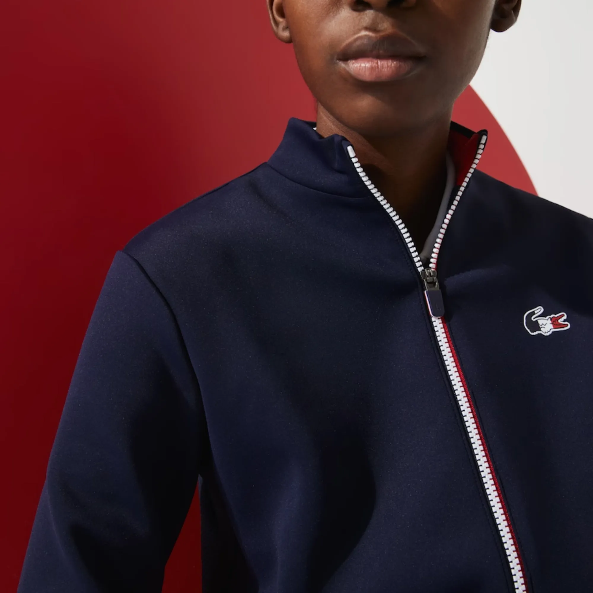 Lacoste Women'S Sport French Sporting Spirit Edition Bimaterial Zip Jacket -  Navy Blue/White-Red
